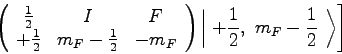\begin{displaymath}
\left.
\left(
\begin{array}{ccc}
{1\over 2} & I & F \\
+...
...eft\vert\ +{1\over 2},\ m_F-{1\over 2}\ \right\rangle
\right]
\end{displaymath}